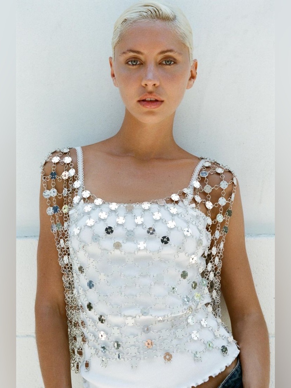 ZARA Metallic Silver Disc Jewel Crop Top Chainmail Sequin Party Festival